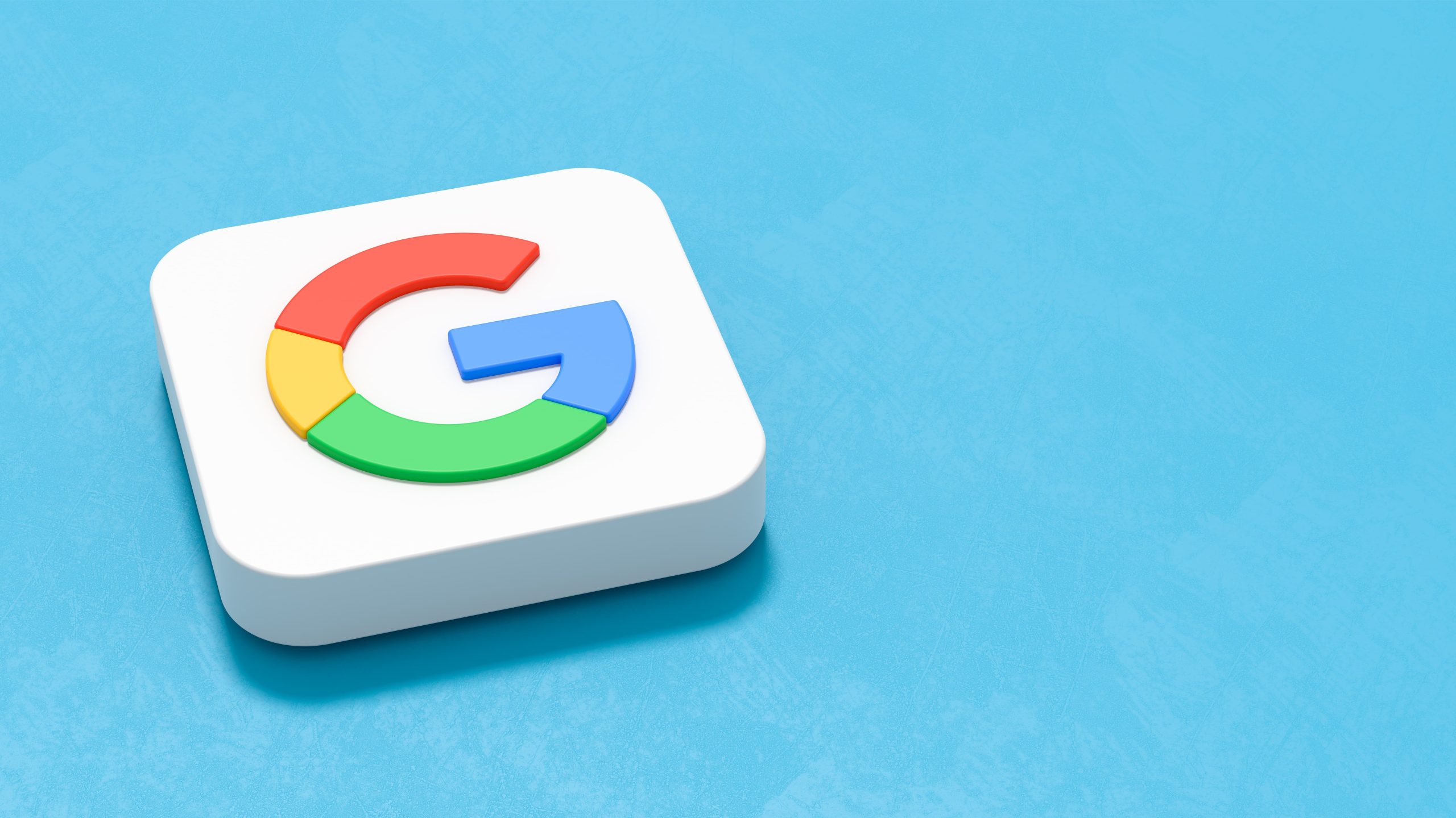 A 3D render of a Google autocomplete logo on a square white platform against a solid blue background.