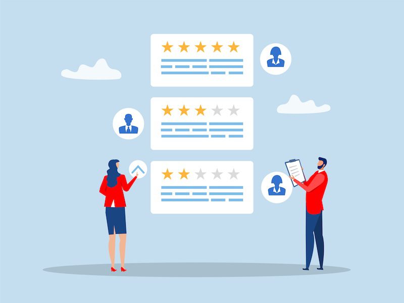 Illustration of a man and woman reviewing customer feedback. Three rating cards with star ratings and profile icons float between them, highlighting evaluation, reviews, and effective reputation management plans. The background is light blue with clouds.