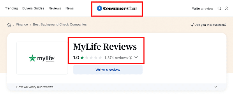 A ConsumerAffairs page shows MyLife Reviews with a 1.0-star rating based on 1,374 reviews, raising the question: what is a bad reputation score? The MyLife logo is on the left side of the review summary.