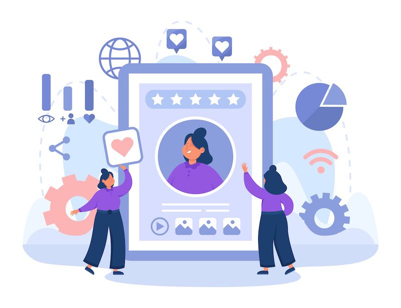 Two people stand near a large digital profile displaying a woman’s photo, star ratings, and icons. Background features gears, charts, and social media symbols, emphasizing personal branding and online networking.