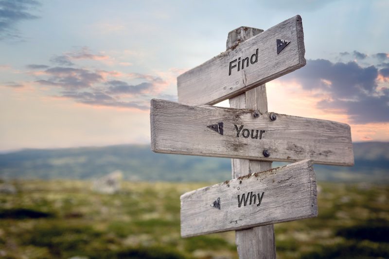 A wooden signpost with three planks reads "Find Your Why" against a blurred outdoor landscape and a colorful sky at sunrise or sunset, inspiring personal branding and self-discovery.