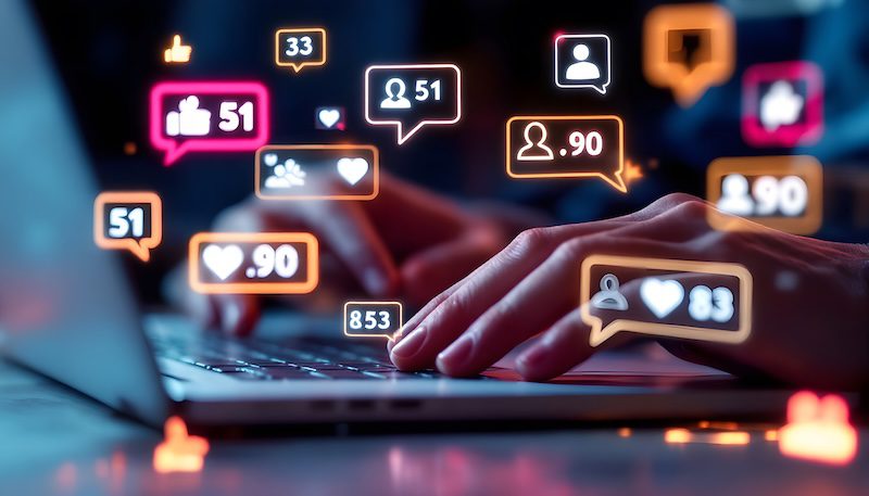 Hands typing on a laptop keyboard with colorful social media notification icons, such as likes, comments, and followers, floating above the screen—perfect for illustrating personal branding in the digital age.
