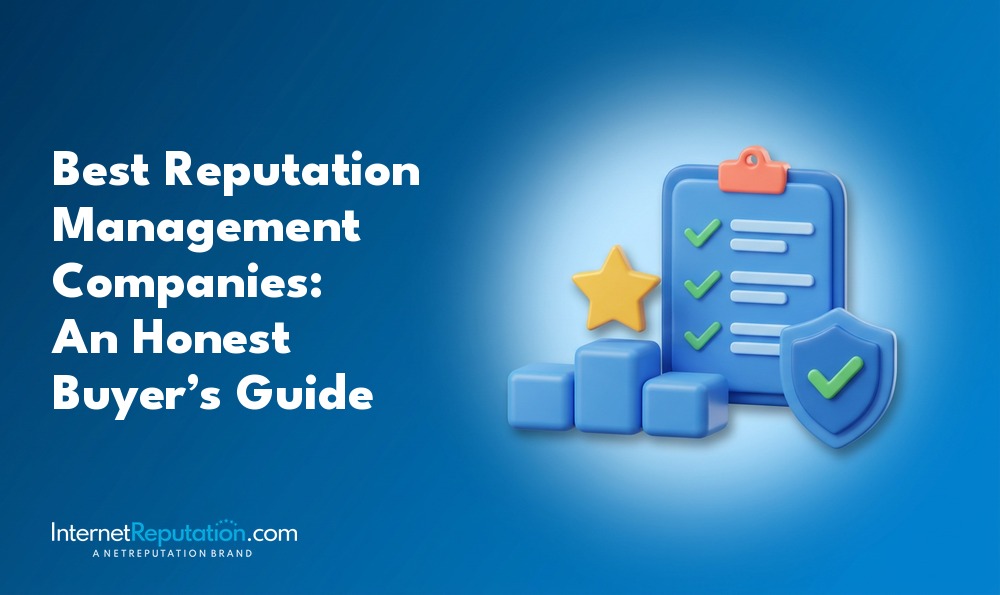 Graphic titled “Best Reputation Management Companies: An Honest Buyer’s Guide” positioned next to a 3D icon of a clipboard featuring a star and a shield.
