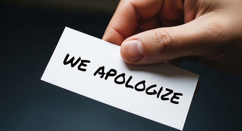 A hand holds a white card with bold black text that reads, "WE APOLOGIZE," against a dark, blurred background, reminiscent of a YouTube apology.