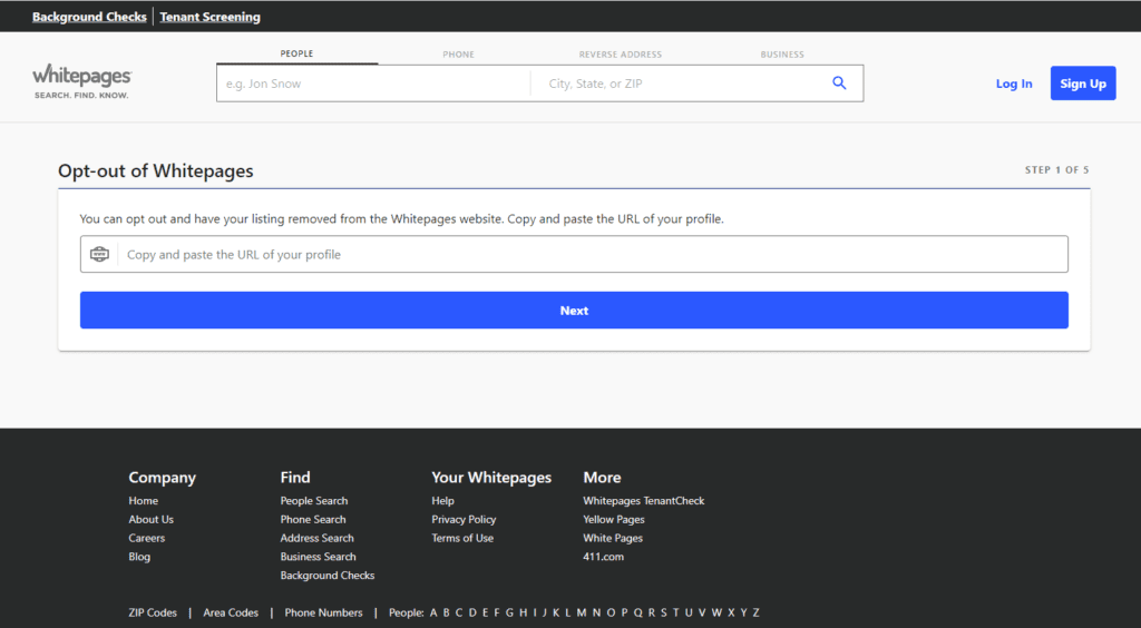 Whitepages Opt-Out Screen