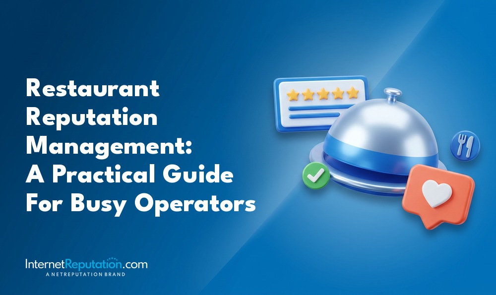 Title card for a restaurant reputation management guide, featuring 3D icons of a serving cloche, a five-star rating, a checkmark, and a heart.