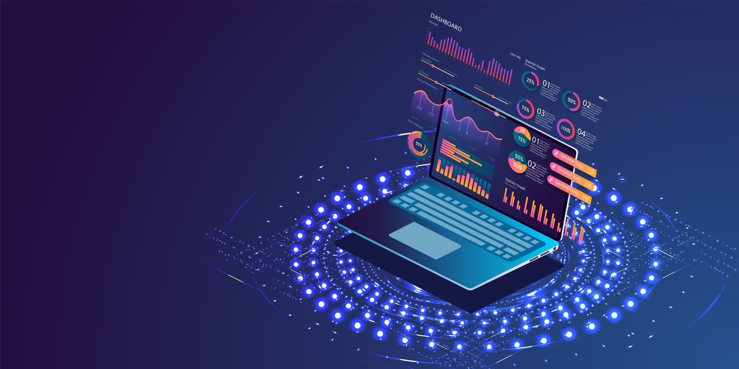 An isometric image of a laptop with graphs on it.