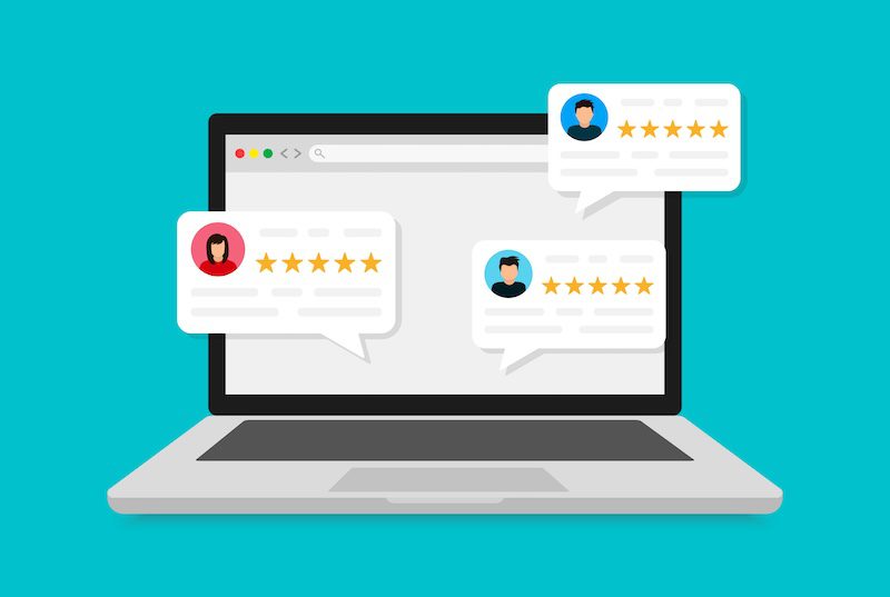 A laptop displaying three chat bubbles with user avatars and five-star ratings, representing positive customer reviews or feedback on a turquoise background—perfect for showcasing the results of best reputation management services.