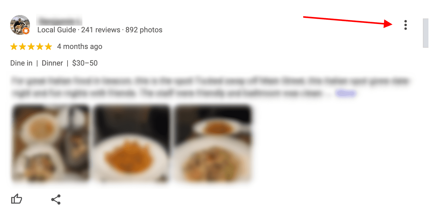 A restaurant review is shown with a profile picture, reviewer details, rating, and review text. Four food photos appear below. A red arrow highlights the vertical three-dot menu for options like reporting fake Google reviews.