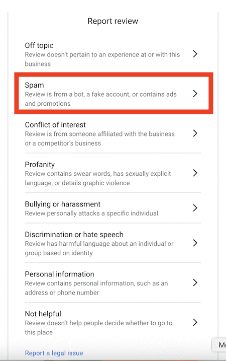 A list of report review options on a website, with "Spam" highlighted in red. Use this for reporting fake Google reviews, such as those from bots, fake accounts, or containing ads and promotions.