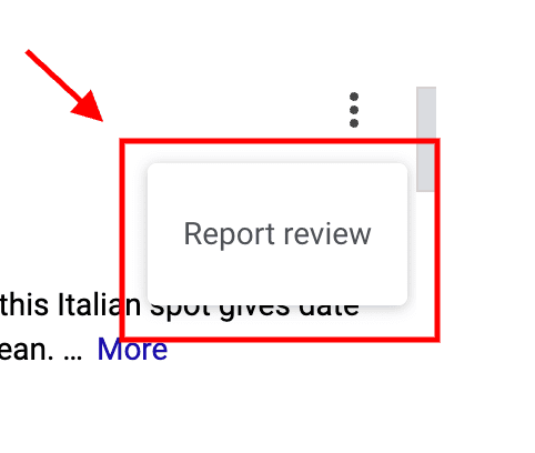 A red arrow and box highlight a pop-up menu with the option "Report review" on a website, illustrating how users can begin reporting fake Google reviews; the menu partially covers review text and other icons.