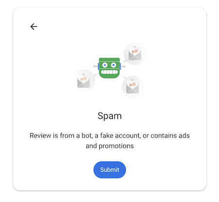 A cartoon robot with envelopes marked as spam, ad, and promotion. Below, the text reads: "Spam. Review is from a bot, a fake account, or contains ads and promotions—perfect for reporting fake Google reviews." A blue "Submit" button is underneath.