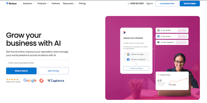 A website homepage features a headline "Grow your business with AI," a demo button, and a pink section showing a smiling woman with a laptop, review cards, and a graph of Google ratings—perfect for those seeking the best reputation management software. Logos for Google, G2, and Capterra appear below.