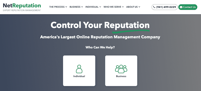 Screenshot of NetReputation's homepage featuring "Control Your Reputation" headline, tagline, and icons for "Individual" and "Business," highlighting its role as one of the best reputation management software options. Navigation menu and contact details are visible at the top.