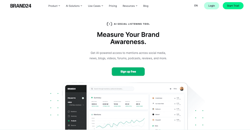 Brand24’s homepage highlights AI social listening and positions itself as the best reputation management software. A green “Sign up free” button stands out, with navigation links on top and an analytics screenshot on a laptop below.