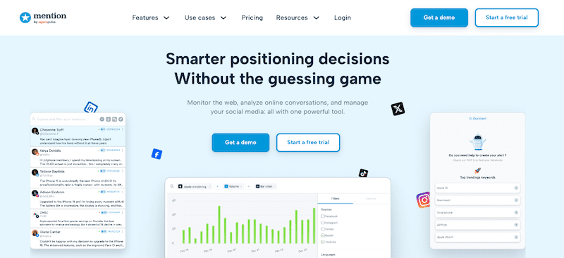 Screenshot of Mention’s homepage, featuring tools for monitoring web and social media conversations—like graphs, analytics, and demo buttons—highlighting its tagline and showcasing why it's considered among the best reputation management software.