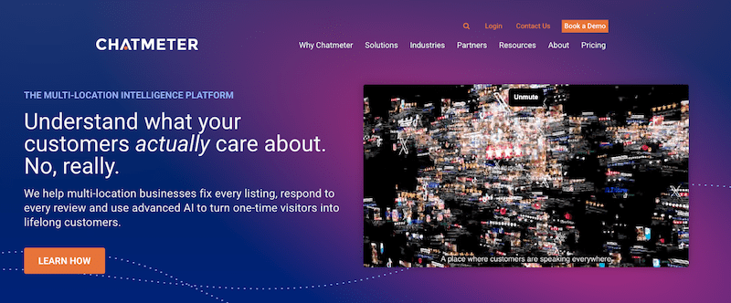 Screenshot of Chatmeter’s homepage featuring the tagline, “Understand what your customers actually care about,” alongside a blurred digital cityscape, navigation links at the top, and a bright “Learn More” button—highlighting the best reputation management software.