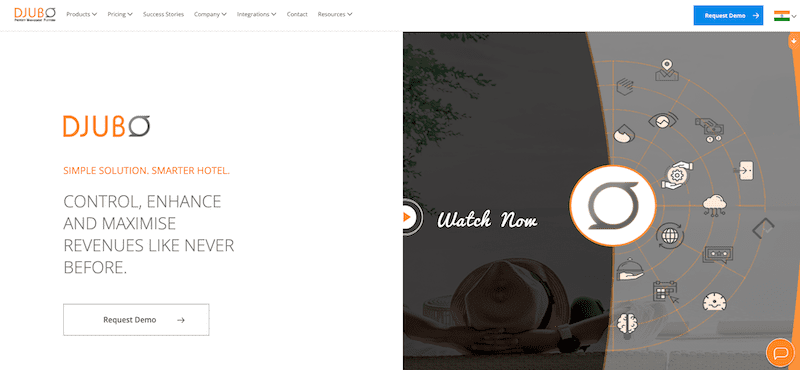 Screenshot of the DJUBO website homepage with the tagline "Control, enhance and maximise revenues like never before," featuring demo request buttons. Right side displays icons for hotel management and highlights DJUBO as the best reputation management software.
