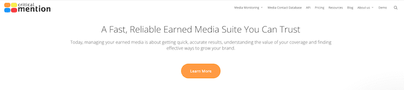 Screenshot of the Critical Mention website homepage featuring the headline "A Fast, Reliable Earned Media Suite You Can Trust." The top menu includes media monitoring, API, and other resources—ideal for those seeking the best reputation management software.