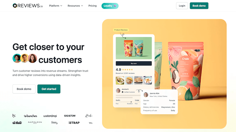 A website homepage for REVIEWS.io features colorful product packaging, a digital product review card with ratings, customer photos, and interactive buttons labeled "Book demo" and "Get started," all highlighting the best reputation management software on a clean, modern layout.