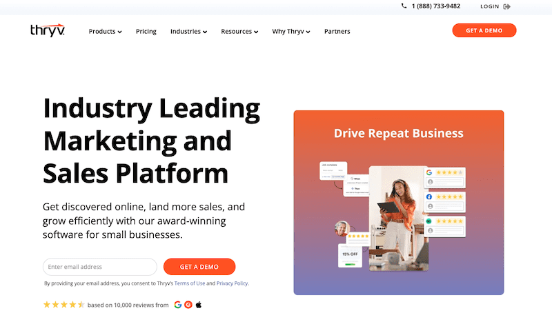 A website homepage for Thryv, featuring a bold headline about a leading marketing and sales platform, best reputation management software, a button to get a demo, contact phone number, ratings, and an image of a woman using a laptop with customer review graphics.
