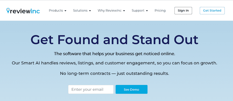 Screenshot of ReviewInc’s homepage showing a blue banner with the text "Get Found and Stand Out," a short description of their best reputation management software, an email entry field, and navigation links at the top.