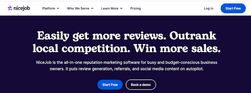 A website banner for NiceJob highlights its tagline: “Easily get more reviews. Outrank local competition. Win more sales.” as the best reputation management software, with “Start Free,” “Book a demo,” and navigation links at the top.