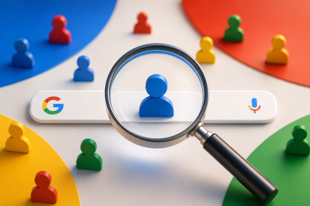 A magnifying glass focuses on a blue person icon placed on a search bar with Google branding, illustrating the idea of searching "how many times has my name been googled," surrounded by colorful human figures on red, blue, yellow, and green backgrounds.