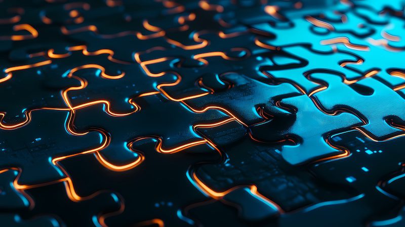 Close-up of interconnected puzzle pieces with glowing orange and blue edges, creating a futuristic look. The glossy finish and digital vibe evoke the complexity of how to deep search someone in a high-tech world.