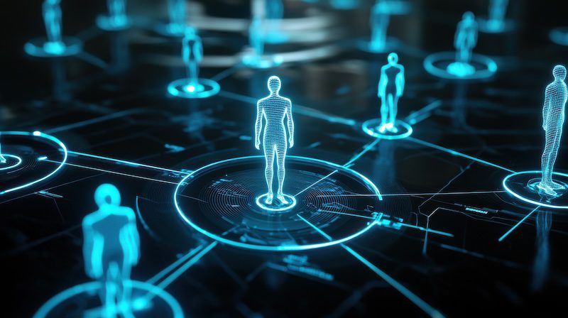 Digital illustration of glowing human figures connected by blue lines and circles on a dark background, representing a futuristic network, similar to how to deep search someone in an interconnected virtual community.