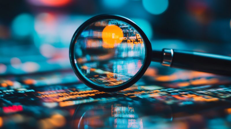 A magnifying glass hovers over a digital screen displaying colorful code and data, emphasizing analysis, investigation, and techniques such as how to deep search someone in a technology or cybersecurity context.