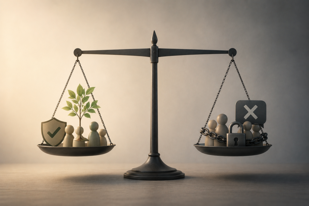 A balance scale with wooden figures highlights the pros and cons of censorship: the left side displays freedom with a plant and a checkmark shield, while the right side shows restriction with chained figures, a padlock, and an X symbol.