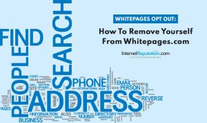 A word cloud with terms like "address," "search," "people," and "phone" surrounds a box that reads, "Whitepages Opt Out: How to Remove Yourself From Whitepages.com" by InternetReputation.com.