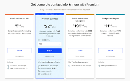 A webpage displaying a selection of premium subscription plans with different features and monthly prices, offering various levels of access to contact information, background reports, and whitepages opt-out options.