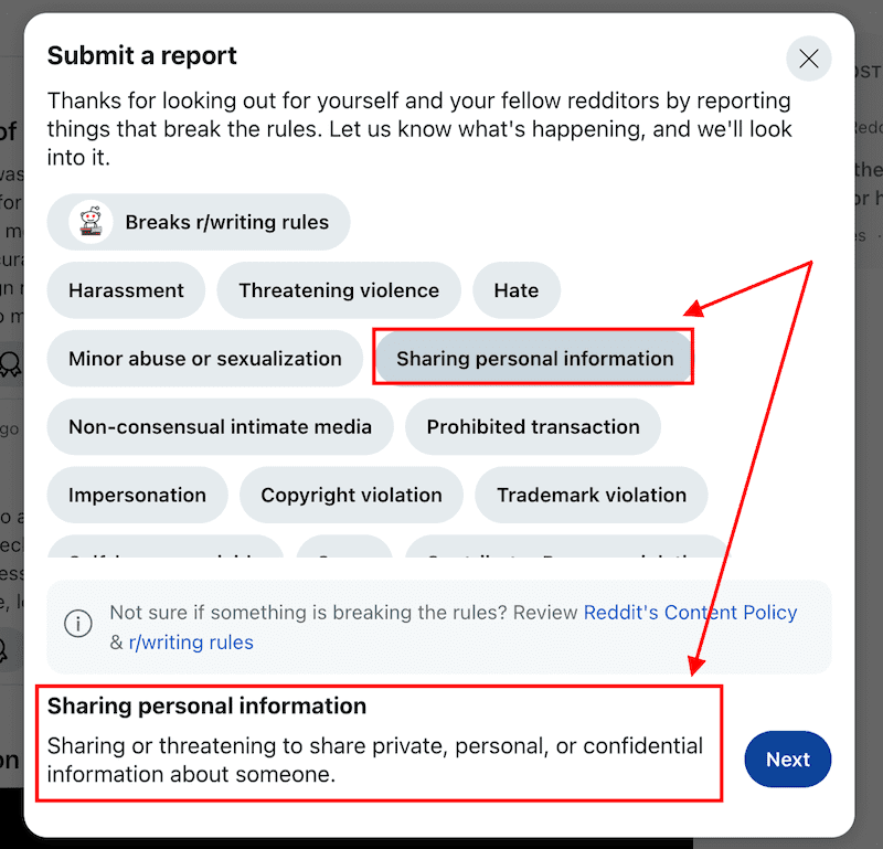 Screenshot of Reddit’s “Submit a report” form, highlighting "Minor abuse or sexualization" and "Sharing personal information" options, with details on sharing private info and a blue Next button to help remove Reddit post violations.