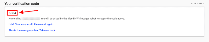 A screenshot of a whitepages opt out verification process displaying a code "5884" with a red arrow pointing towards it, indicating that the user should now call the provided number and use this code for