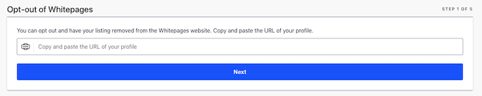 Screenshot of an online whitepages opt-out process, displaying step 1 of 5 where a user can copy and paste the URL of their profile to request removal.