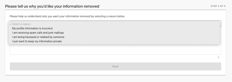 Online form interface for requesting personal information removal from whitepages with options for various reasons such as receiving spam, being stalked, or preferring privacy.