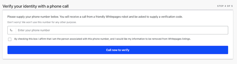 Online verification process screen requesting a phone number to confirm identity via a phone call with a 'call now to verify' button, including whitepages opt-out options.