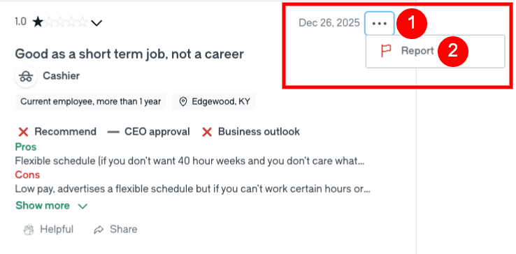 A job review for a cashier position in Edgewood, KY shows a 1-star rating, lists pros and cons, includes the review date (Dec 26, 2025), and features a red report button. Learn how to delete a Glassdoor review if you need to update your feedback.