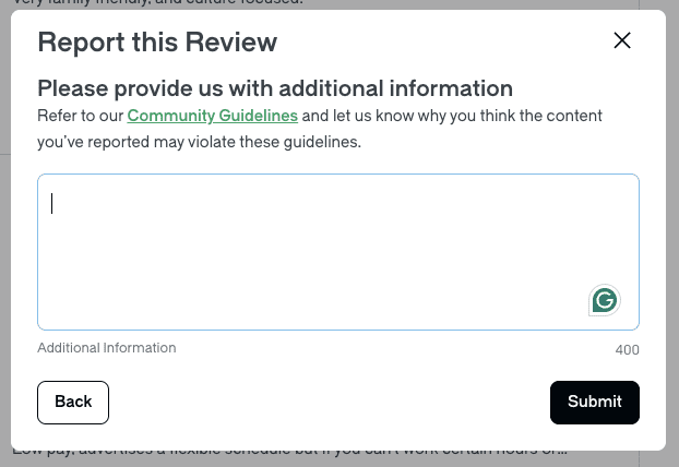A pop-up window titled "Report this Review" asks for additional information, providing a text box for input and "Back" and "Submit" buttons below. If you're wondering how to delete a Glassdoor review, check the included link to Community Guidelines.