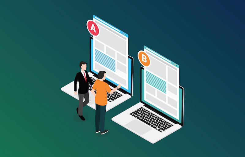Illustration of two people standing beside large laptops displaying different web pages labeled "A" and "B," representing A/B testing or website comparison for reputation marketing on a gradient blue-green background.