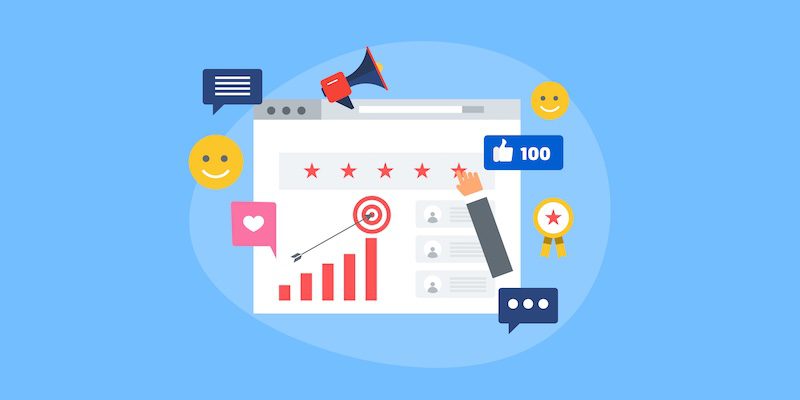 Illustration with a computer screen and various icons showing that a brand’s reputation marketing efforts are working.
