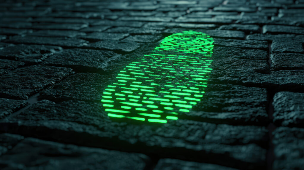 A glowing green active digital footprint appears on dark cobblestone pavement, symbolizing a trace left behind or a digital presence in a physical environment.