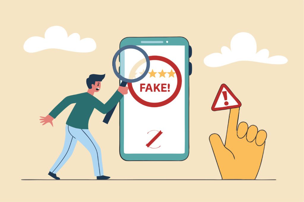 Illustration of a worried man looking through a magnifying glass at a smartphone screen displaying "FAKE!" with a warning sign. A large hand points at an exclamation mark symbol. Cloud shapes in the background.