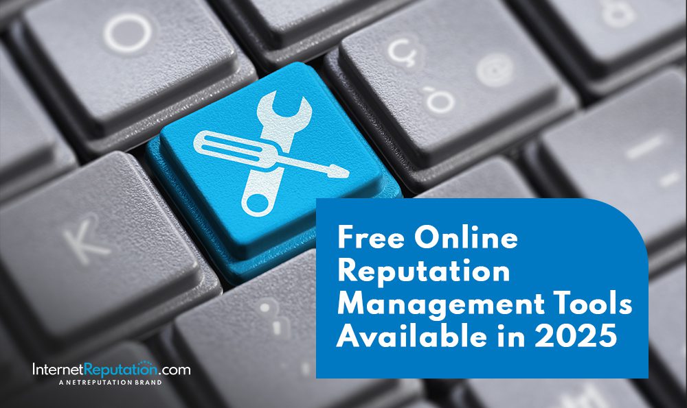 A close-up of a computer keyboard with a blue key featuring a wrench and screwdriver icon. Text overlay reads: "Discover top free online reputation management tools available in 2025.