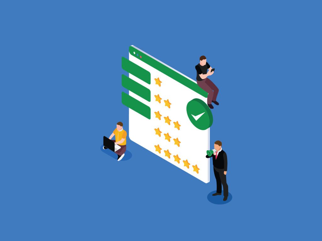 An illustration of three people interacting with a large online rating interface showing five-star reviews and a green check mark, symbolizing evaluation or feedback, on a blue background.