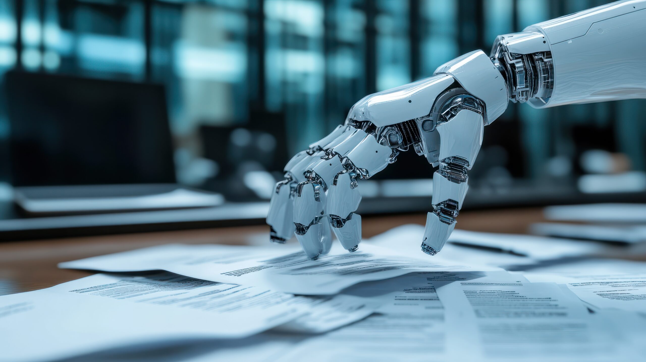 A robotic hand reaches for papers scattered on a desk in an office setting, symbolizing automation and the integration of artificial intelligence in workplace tasks.