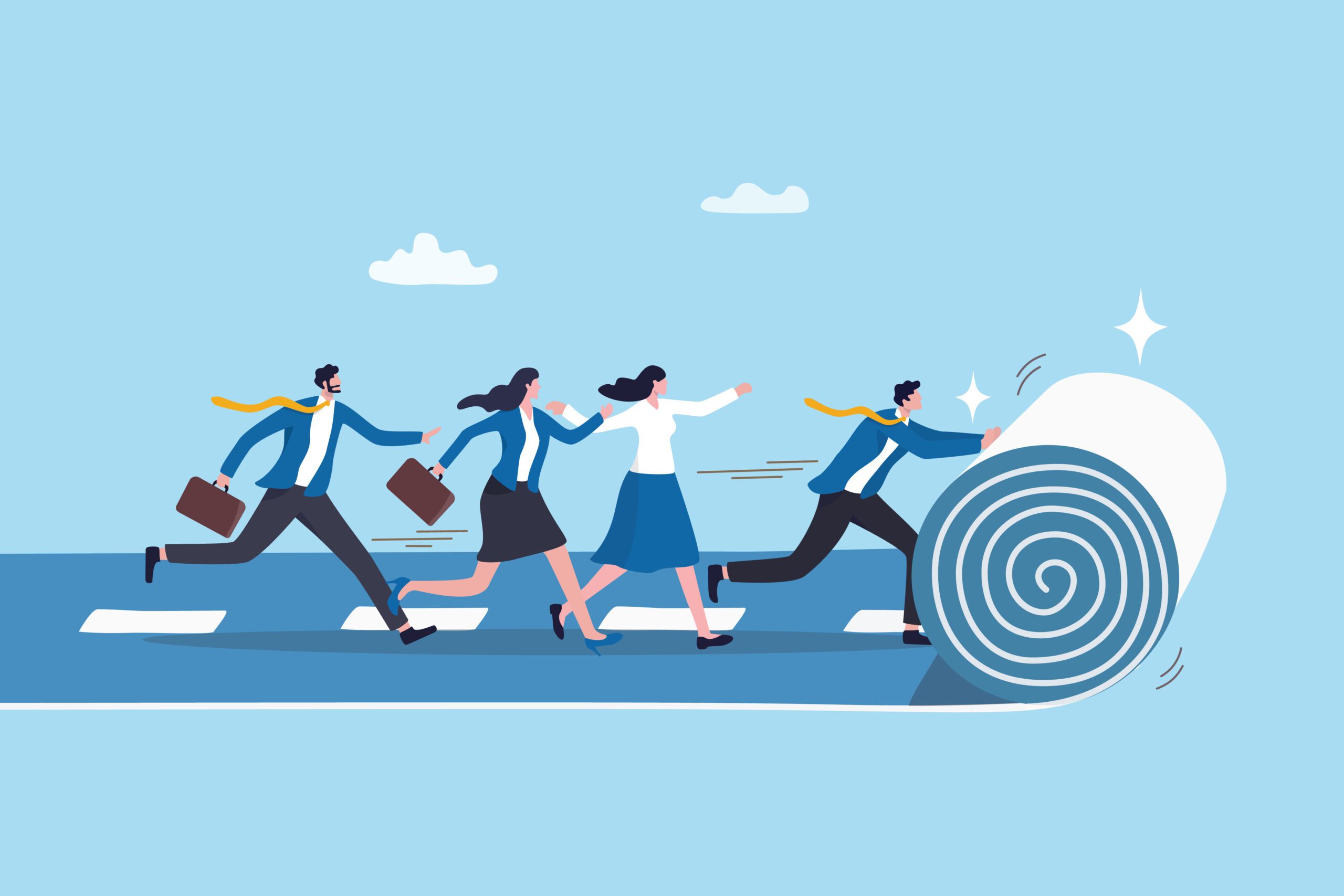 Illustration of four businesspeople running on a road, with one person unrolling the road ahead of them like a carpet; all are dressed in business attire and appear determined, symbolizing progress and teamwork.