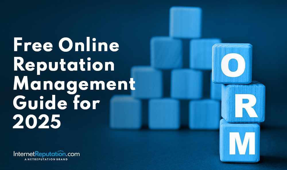 A pyramid of blue blocks with three stacked front blocks showing the letters "O", "R", and "M". Text reads: "Free Online Reputation Management Guide for 2025." Free online reputation management tips from InternetReputation.com are included.